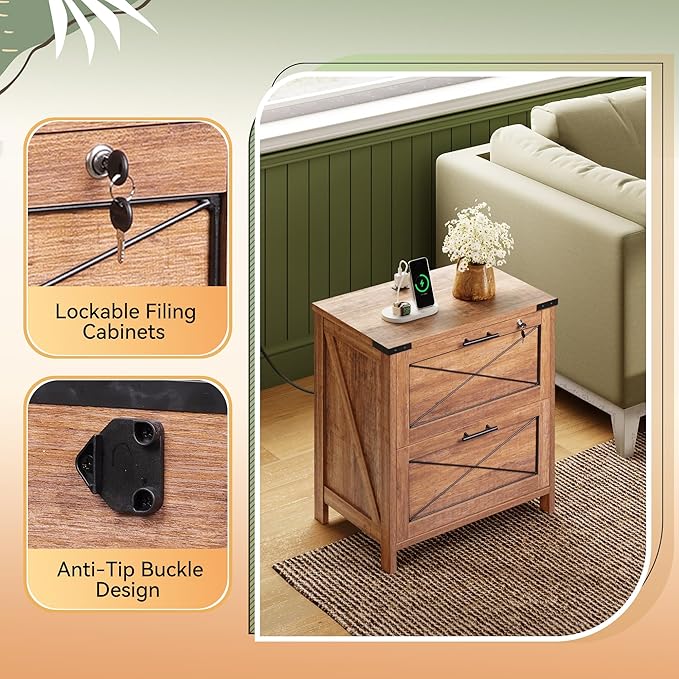 DEVAISE Lateral File Cabinet with Lock, 2 Drawers & Charging Station, Farmhouse Wood Printer Stand with Large Storage, Fits A4/Letter/Legal Hanging Files, Oak