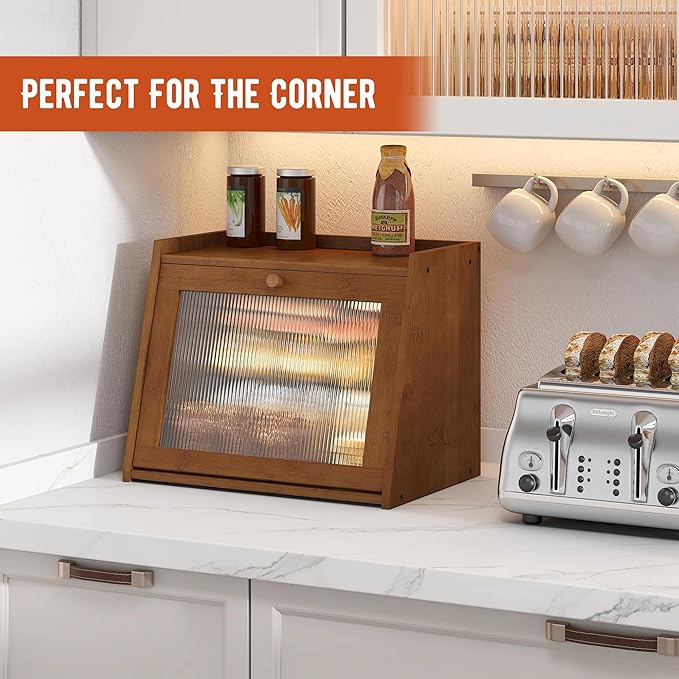 GHWIE Large Bread Box, Easy Access & Cleaning - Bamboo Bread Box for Kitchen Countertop with Acrylic Door (Coffee, Large)