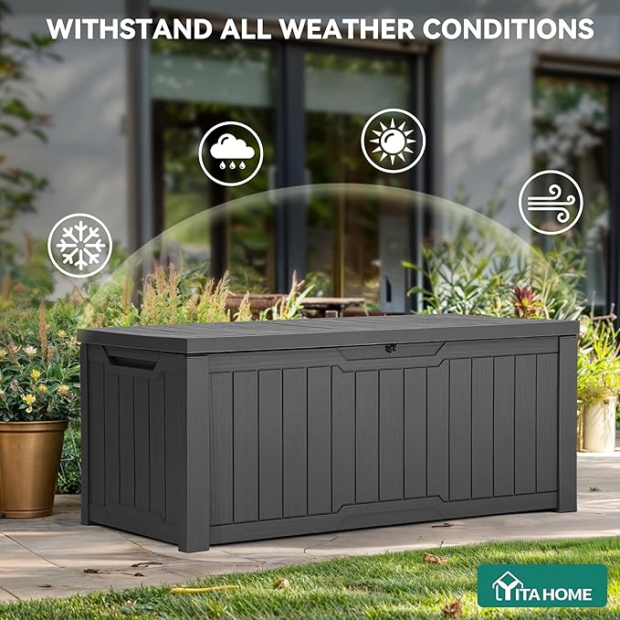 YITAHOME 120 Gallon Resin Deck Box, Weather Resistant Outdoor Storage Box for Patio Cushions, Garden Tools, Pool Supplies, Lockable, Easy Assembly, Extra Seat or Table (Dark Gray)