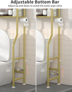 3-Tier Over The Toilet Storage, Freestanding Metal Bathroom Shelves with 4 Hooks, Over Toilet Storage Shelf with Paper Holder, Above The Toilet Shelf for Bathroom Storage, Gold