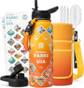 National Parks Water Bottle – 40 oz Insulated Stainless Steel Bottle with 63 Hand-Drawn Park Stickers, Carrier Bag, Strap & Gift Box – BPA-Free – Ideal for Hiking, Camping & Travel