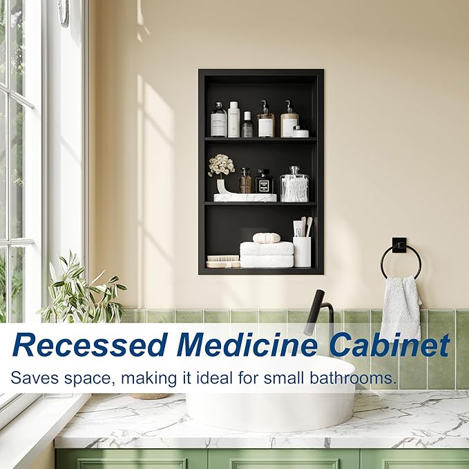 14x24 Recessed Medicine Cabinet, Medicine Cabinet No Mirror, 304 Stainless Steel Medicine Wall Niche with 3-Tiers Shelves, Matte Black