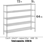18" Deep x 72" Wide x 74" Height Wire Shelving Kit | 5-Tier | NSF Commercial Storage Rack Unit