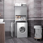 kleankin Modern Over The Toilet Storage Cabinet, Double Door Bathroom Organizer with Inner Adjustable Shelf and Open Shelf, Grey