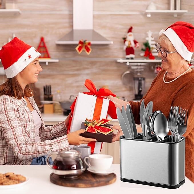 Utensil Holder,Stainless Steel Caddy Counter,Spoon holder,4 Compartments Silverware Caddy,Capacity Flatware Spoon Fork Tool Cutlery Holder（Silvery）