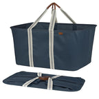 CleverMade Collapsible Laundry Tote 2-Pack (50L) – Foldable Carry-All Storage Bin for Laundry, Car Trunk, RV, Dorm & Home Organization – LUXE Cotton Blend with Vegan Leather Accents, Navy