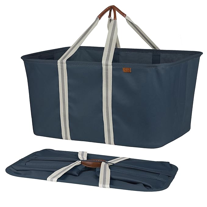 CleverMade Collapsible Laundry Tote 2-Pack (50L) – Foldable Carry-All Storage Bin for Laundry, Car Trunk, RV, Dorm & Home Organization – LUXE Cotton Blend with Vegan Leather Accents, Navy