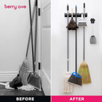 Combo 5 Slot Broom Holder w/ 1 Self Adhesive Mop Gripper No-Drilling, Wall Mount Tool Organizers For Kitchen, Garage, Laundry Room- Anti-Slip Hanger For Brooms, Mops, Rakes, Dustpans (Black / Black)