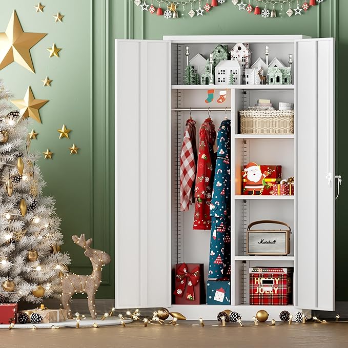 INTERGREAT Metal Wardrobe Closet, 72" Locking Storage Wardrobe Cabinet with Doors and Shelves, 18" D x 36" W Steel Clothes Storage Cabinets for Office, Home, School, Gym（White）