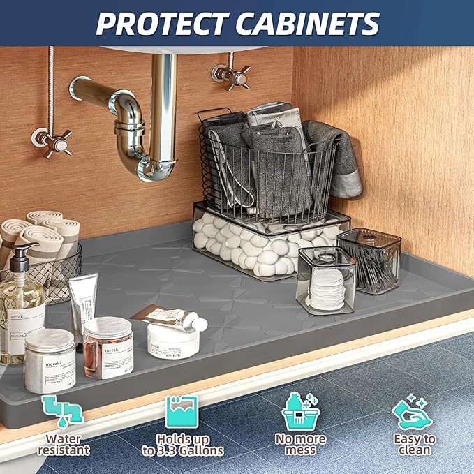 SIKADEER 28" x 19" Under Sink Mat Waterproof, Silicone Mat Kitchen Drawer Shelf and Cabinet Liner, Sink Protector for Kitchen Organizers and Storage, Boot Tray Pet Food Mats