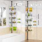 Shower Caddy Tension Pole, 4 Adjustable Corner Shower Caddy with 2 Towel Bars & 2 Soap Holders, Expands 25 to 114.2 Inches, Black Stainless Steel for bathroom/Tub/Corner