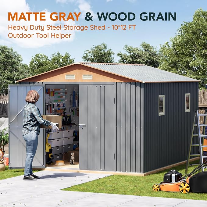 10x12x7.4FT Multi-Used Shed & Outdoor Storage Shed with Base, Lockable Doors, Windows and Vents, Extra Large Metal Shed for Garden,Backyard, Patio,Utility, Various Storage Shed(Matte Gray)
