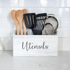 White Kitchen Utensil Holder for Countertop – Large 3-Compartment Wooden Organizer & Caddy with Drain Holes, Farmhouse Utensil Holder for Kitchen Counter, Modern Rustic Storage for Spoons & Spatulas