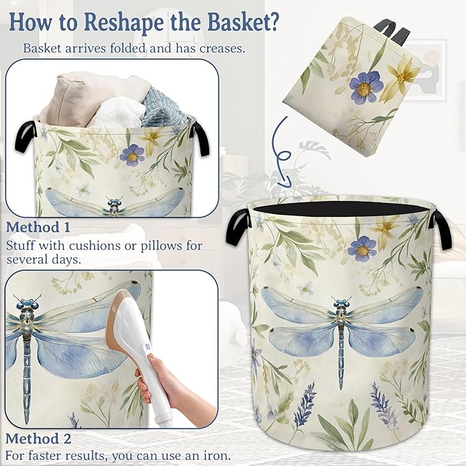 Vintage Dragonfly Laundry Basket,Foldable Waterproof Oxford Cloth Tote Bag Flower Plant Vintage Laundry Hamper with Handles,20.8"x16" Clothes Storage Bucket Organizer for Laundry Room Bathroom Bedroom