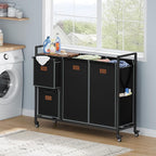 Hoctieon 4 Section Laundry Cart, 48 Gal. (182L) Laundry Hamper with Lid, Laundry Basket with Wheels, Rolling Laundry Sorter Organizer with Shelf, Clothes Separator with Removable Bags, Black