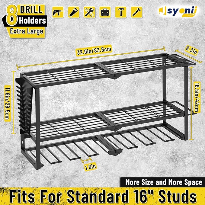 Power Tool Organizer Wall Mount, Heavy Duty 8 Drill Holder Wall Mount, Metal Cordless Tool Shelf, Tool Holder and Storage Rack for Garage Organization Workshop