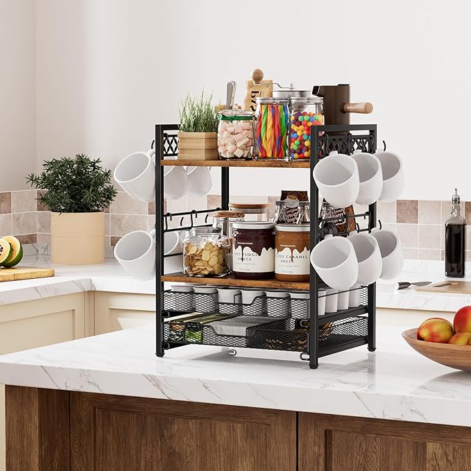 Coffee Bar Station Organizer, 4 Tier K Cup Organizer Mug Holder with 12 Hooks, Coffee Pod Holder, Multifunctional Countertop Organizer for Kitchen