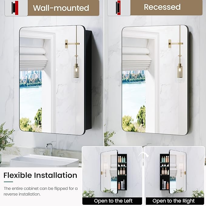 Large Medicine Cabinet 24x32 Inch, Matte Black Aluminum Bathroom Mirror Cabinet with Storage, 6 Adjustable Glass Shelves, Rust Proof Recessed or Surface Mount, Heavy-Duty Soft Close