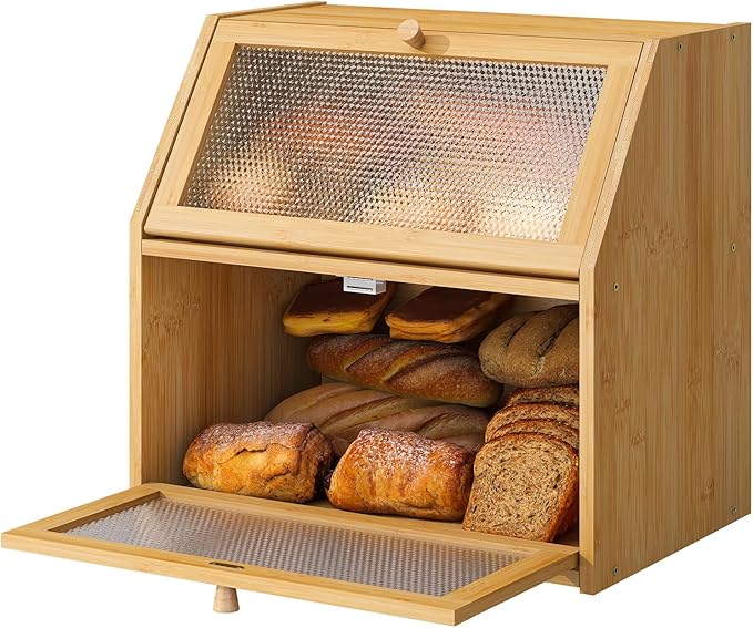 Bread Box for Kitchen Countertop Bin Double Layer Bread Box Storage Container Extra Large Capacity with Diamond Pattern Windows (Natural, Extra Large)