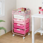 Rolling Cart with 4 Drawers,4 Tiers Rolling Utility Cart Craft Cart,Rolling Storage Drawer Cart with Mesh Top,Storage Cart with Drawers & 4 PCS DIY Lable, Rose Pink