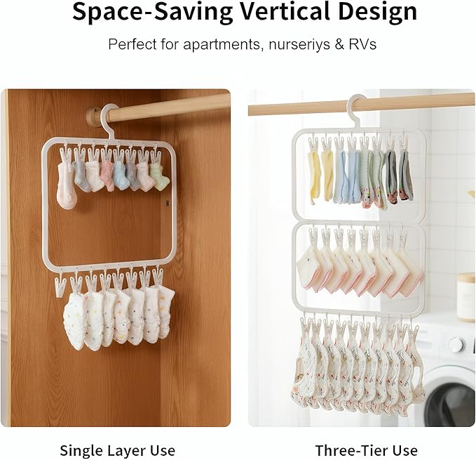 18-Clip Multi-Layer Clothes Drying Rack, BPA-Free ABS Laundry Hanger for Baby Clothes, Socks & Underwear, Heavy Duty Non-Foldable Hanger for Apartment, Nursery & Small Spaces (Off-White)
