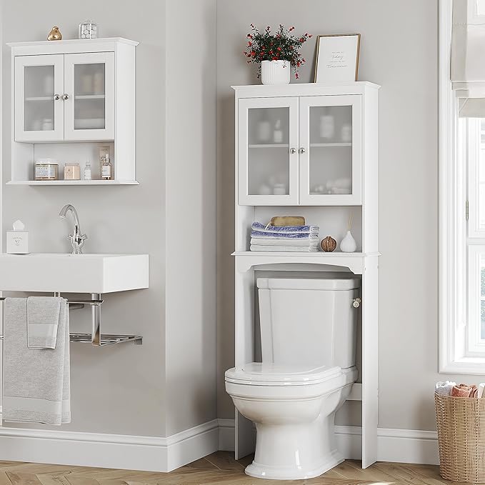 Spirich Over The Toilet Storage Cabinet, Above Toilet Storage Shelf with Glass Doors, Behind Toilet Bathroom Organizer, White
