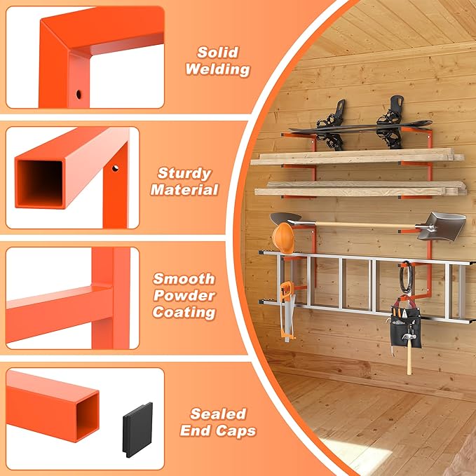 Ultrawall Lumber Storage Rack Wall Mount Wood Storage Racks, Metal Wood Organizer Racks for Shed, Workshop, Garage, Holds Up 220 LBS Per Level (Pack of 2, Orange)