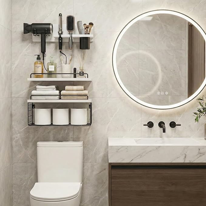 Wall Mounted Bathroom Organizer Shelves Over Toilet, 3-Tier Rustic Wooden Floating Shelf with Metal Basket and Hair Care Styling Tool Holder for Toilet Paper, Towels & Toiletries, Bathroom Decor