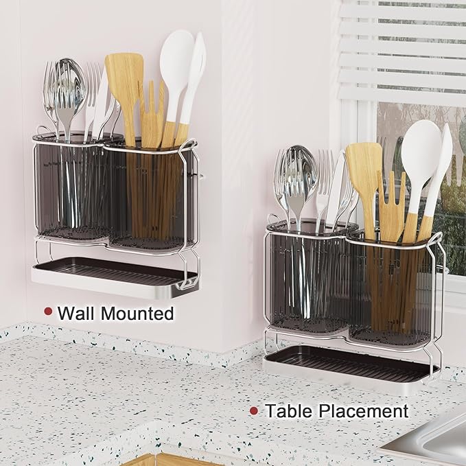 Utensil Holder Counter, 6.7" Plastic Silverware Caddy, Utensil Holder for Party, 2 Cup Flatware Organizer for Kitchen Wall Mount, Forks Spoons Knives Storage with Drain Tray (Black)