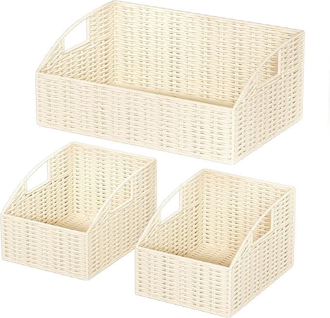 Ollieroo Rattan Storage Baskets, Handwoven Wicker Storage Bins with Built-in Handles, Storage Container Baskets for Shelves, Bedroom, Bathroom, Laundry Room or Kitchen(Beige)
