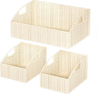 Ollieroo Rattan Storage Baskets, Handwoven Wicker Storage Bins with Built-in Handles, Storage Container Baskets for Shelves, Bedroom, Bathroom, Laundry Room or Kitchen(Beige)
