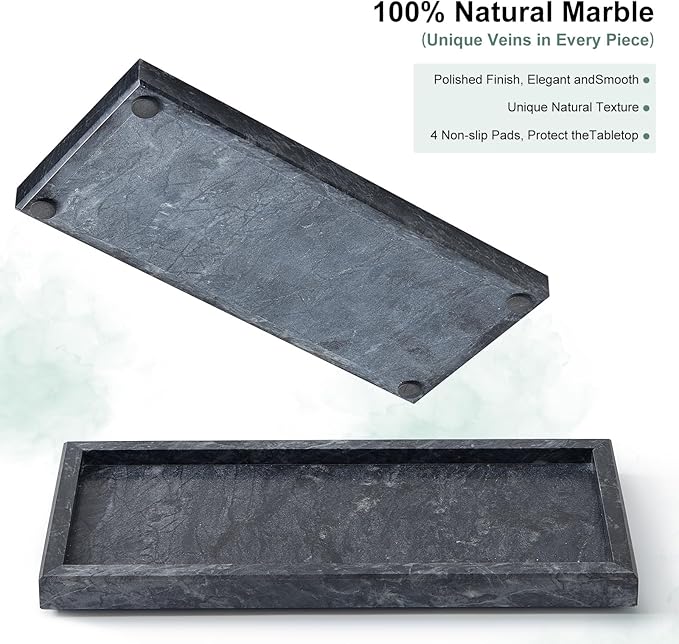 Natural Small Marble Vanity Tray, Luxury Stone Organizer for Bathroom & Kitchen | Holds Soap Dispenser, Jewelry, Perfume | Non-Resin, Non-Ceramic Décor (Black, M (11.8" x 5.1" x 0.78"))