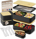 Umami Bento Box Adult All-In-1 w/4 Utensils, Big Sauce Jar, 2 Dividers, 100% Leakproof, Microwave & Dishwasher Safe Stackable Bento Lunch Box Containers for Men/Women, Black & Bamboo, 40 oz