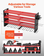 VEVOR Power Tool Organizer Wall Mount, 4-Layer Storage Rack with 8 Drill Holders, Tools Holder and Storage Rack with Side Pegboards, Garage Tool Organizer for Garage, Workbench, and Workshop