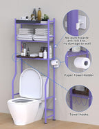 3-Tier Over The Toilet Storage, Freestanding Metal Bathroom Shelves with 4 Hooks, Over Toilet Storage Shelf with Paper Holder, Above The Toilet Shelf for Bathroom Storage, Purple