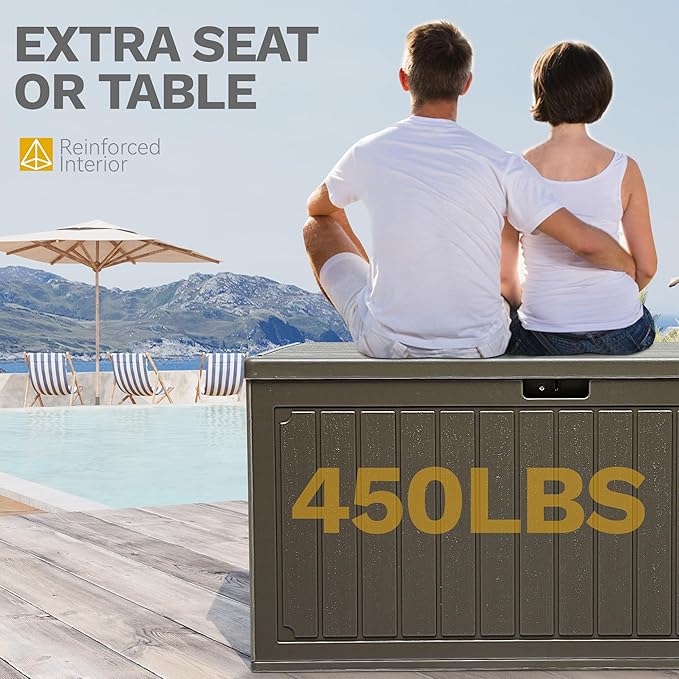 DWVO 90 Gallon Double-Wall Deck Box, Large Resin Outdoor Storage Box, Lockable & Waterproof, Double as Seating, 450lbs Capacity (Light Brown)