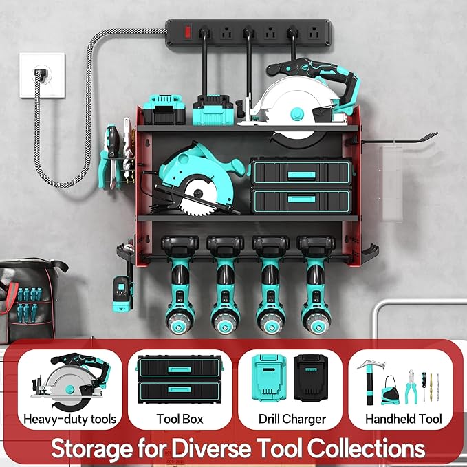 3 Layer Heavy Duty Power Tool Organizer Wall Mount with Charging Station, Adjustable Metal Storage Rack, 6 Outlets Power Strip, Drill Holders, Hooks & Drill Bit Rack for Garage, Workshop, Red