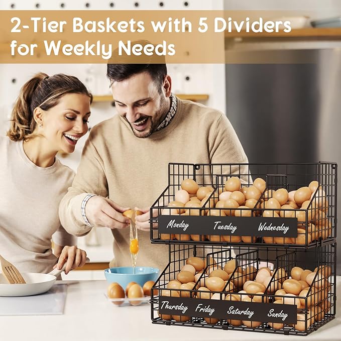 keomaisyto Egg Holder Countertop with 5 Dividers & DIY Labels to Separate Eggs, 2-Tier Stackable Wire Baskets, XXL Egg Basket for Gathering Fresh Eggs - Egg Organizer for Wall-Mounted(Patent Pending)