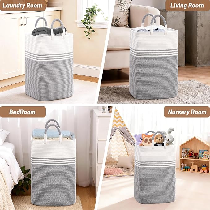Laundry Basket Hamper,Blanket Storage,Dirty Clothes Hamper with Swivel Handles,Woven Cotton Rope Toy Baskets,Blanket Basket Living Room,Decorative Hampers for Nursery,Bedroom,White & Gray,100L