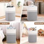 Laundry Basket Hamper,Blanket Storage,Dirty Clothes Hamper with Swivel Handles,Woven Cotton Rope Toy Baskets,Blanket Basket Living Room,Decorative Hampers for Nursery,Bedroom,White & Gray,100L