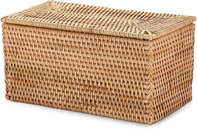 Hipiwe Rattan Basket Box with Lid Toilet Roll Storage Baskets Bin Handwoven Wicker Basket Box Bathroom Toilet Paper Holder Rectangular Baskets Bin for Shelf Home Decor, 11.8"Lx6.2"Wx6.1"H