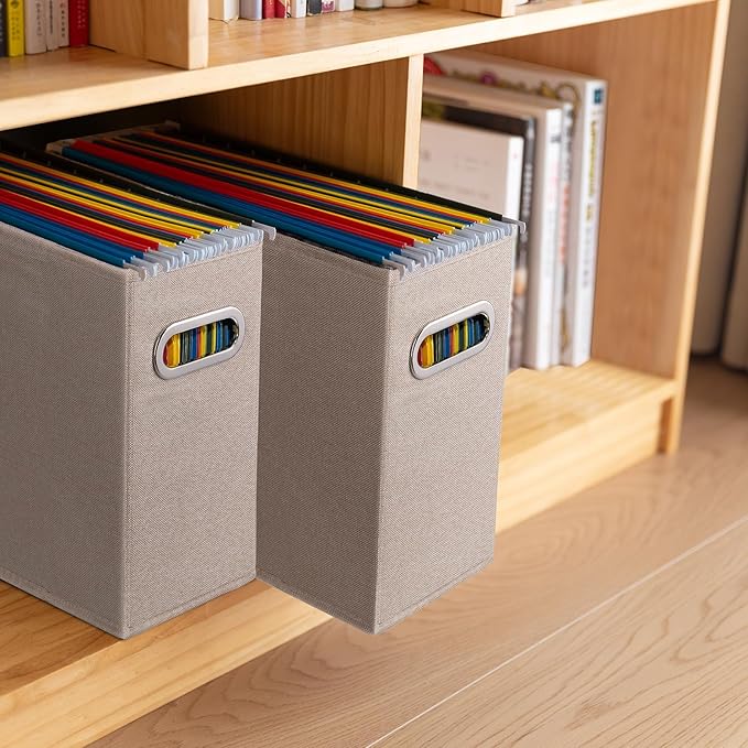 6 Pack Letter Size File Storage Box Collapsible，Fabric Hanging File Folders Organizer, Portable Office Document Holder with Metal Handle, Smooth PVC Rails, Beige