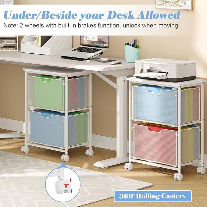 Letter/Legal Rolling File Cabinet, Rolling File Cart with 2 Drawers Filing Cabinet for Home Office, Hanging File Folders Organizer for Under Desk Storage, Mobile Printer Stand, White