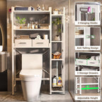 Over The Toilet Storage with 2 Drawers - 7 Tier Bathroom Organizer with Adjustable Shelf, Freestanding Space Saver Storage Rack Above Toilet Stand with 4 Hooks for Restroom, Laundry, White