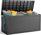 120 Gallon Outdoor Deck Box,Waterproof Resin Outdoor Storage Boxes, Outside Storage Lockable Container for Garden Tools,Indooor Cushions,Accessories (Black)