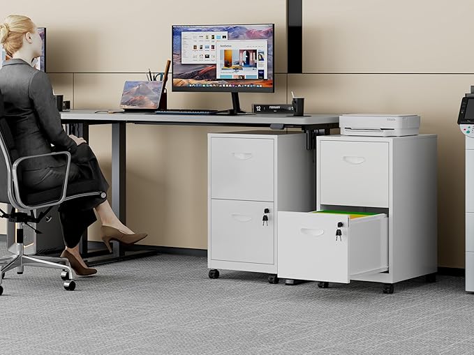 2 Drawer Rolling File Cabinet on Wheels, Mobile Two Drawer Filing Cabinet with Lock, Small Files Cabinets for Under Desk, Metal Filing Cabinets for Letter Size Folders, White - Assembly Required