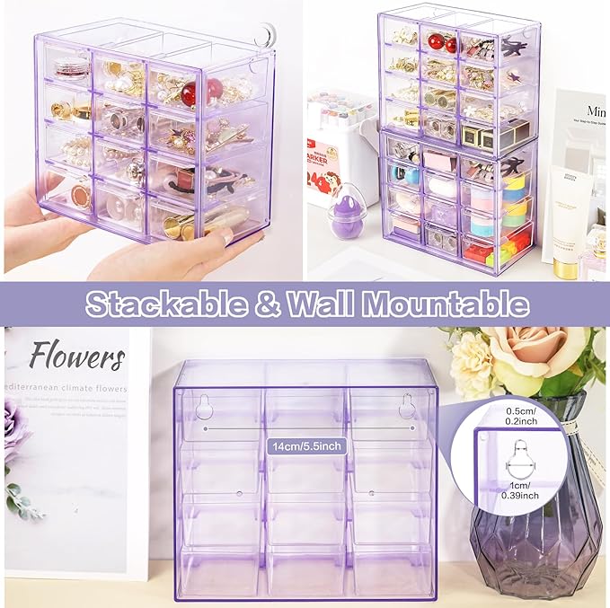 Desk Storage Organizer with 12 Mini Drawers, Clear Desktop Craft Drawer Cabinet, Stackable Storage Box Caddy for Makeup Jewelry Office Craft Supplies (Purple)