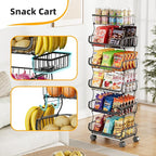 Simple Trending 6 Tier Rolling Cart, Stackable Fruit Vegetable Basket with Wheels and 2 Hanging Basket, Kitchen Storage Metal Wire Basket Stand for Vegetable Bread Snacks, Black