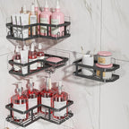 Shower Caddy Corner with Soap Holder, No Drilling Shower Shelves-Rustproof, Adhesive Shower Organizer Corner for Dorm. Black, 4-Pack