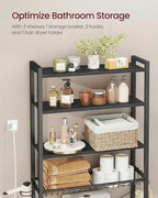 VASAGLE Over the Toilet Storage, Over Toilet Bathroom Organizer with Adjustable Shelves and Basket, 3 Hooks, Space Saving, 9.4 x 23.6 x 68.1 Inches, Ebony Black UBTS114BE01S